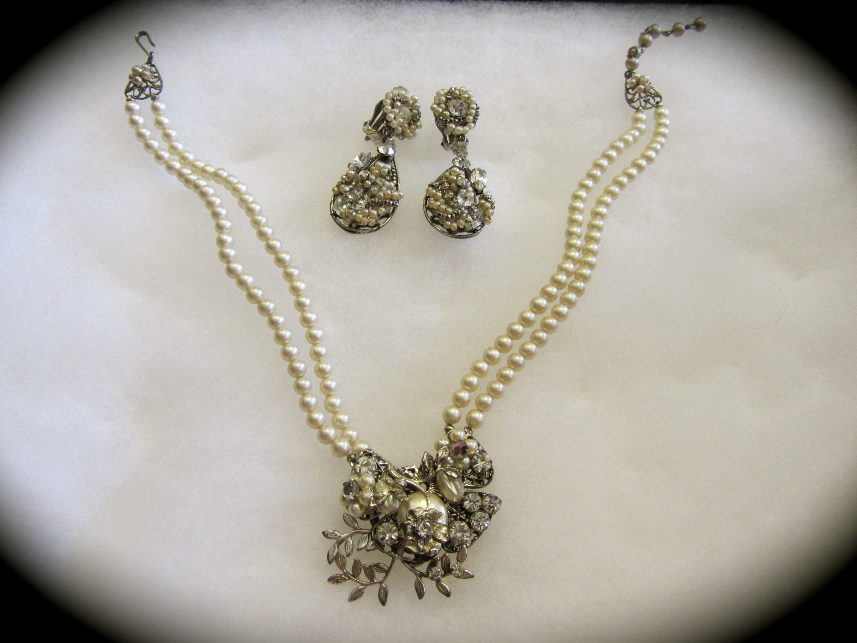 Vintage Pearl & Rhinestone Necklace and Earrings Signed Roberts ...
